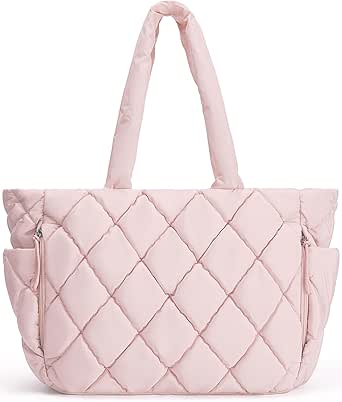 BAGSMART Tote Bag for Women, Quilted Puffer Tote Bag with Compartments, Shoulder Handbag Work Bag with Zipper for Travel