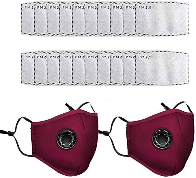 Reusable Face Másk Bandanas, with Breathing valve for Adults, Anti Haze Dust Face Health Protection (2pcs 20pcs Pad, Red)