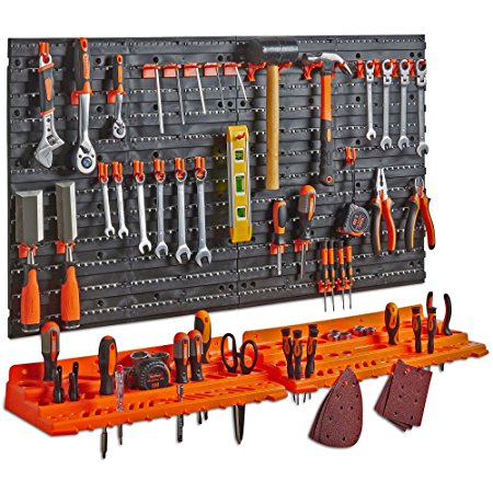 VonHaus 50 Piece Wall Mounted Plastic Pegboard and Shelf Tool Organizer - DIY Garage Storage Wall Mount System with Rack and 50 Assorted Hook Accessories - Tool, Parts and Craft Organizer