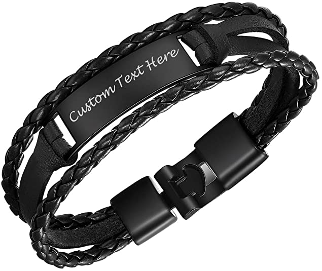 U7 Men Women Customized ID Bracelet Official or Sport Wristband Braided Leather or Waterproof Silicone Identification Bracelets Bangle,Length 16-20CM