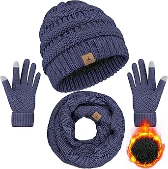 Winter Beanie Hat Scarf Gloves, Warm Fleece Knit Winter Hats Touch Screen Gloves Neck Scarf Set Winter Gifts for Unisex Adult