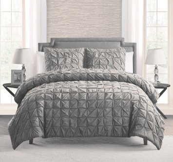 100% COTTON 3 - Piece Solid GREY Pinch Pleat Duvet Cover Set KING Size Bedding