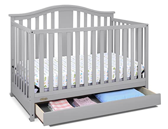 Graco Solano 4-in-1 Convertible Crib with Drawer, Converts to Daybed, Toddler and Full Size Bed, Undercrib Storage Drawer, Adjustable Mattress Height, Pebble Gray