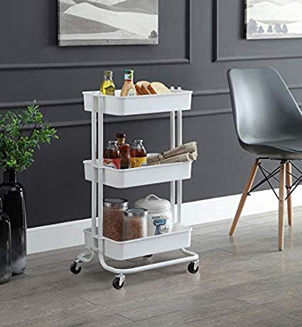 SunnyPoint 3 Tier Office, Kitchen, and LivingRoom Plastic Basket Rolling Utility Cart with 2.5" Industrial Wheels (White)