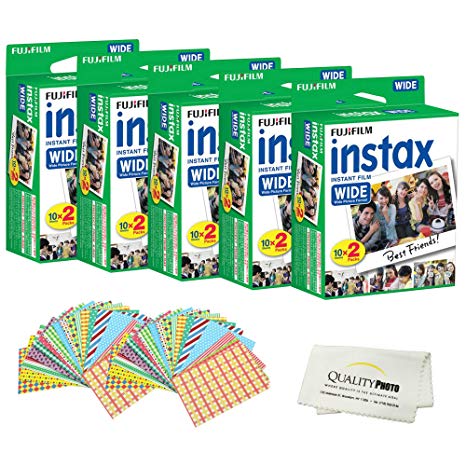 Fujifilm INSTAX Wide Instant Film 100 Pack - 100 Sheets - (White) for Fujifilm Instax Wide Cameras   Frame Stickers and Microfiber Cloth Accessories