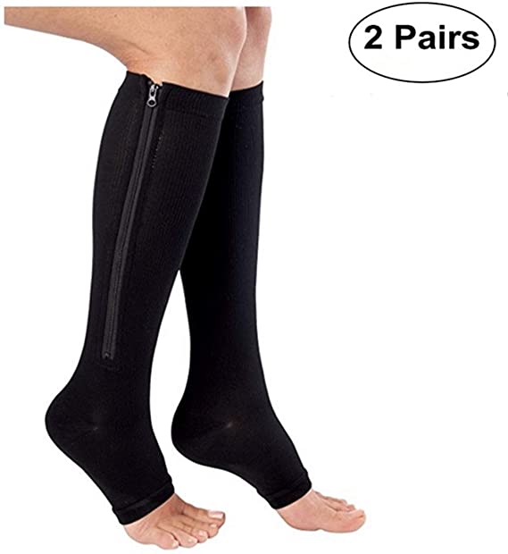 Zipper Compression Socks (2 Pairs) Knee High Open Toe Compression Stocking for Edema, Varicose Veins, Swollen