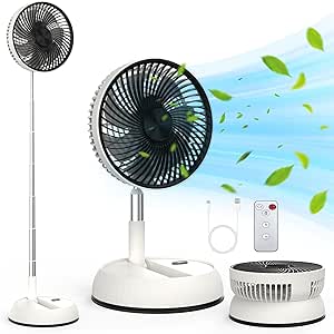 Portable Pedestal Fan, Quiet Brushless Copper Motor Foldaway Standing Fan, Remote Control 10000mAh Foldable Desk Fan, Timer, 3 Speeds Adjustable Telescopic Fan for Home Kitchen Office Travel Camping