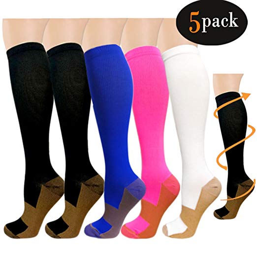 Copper Compression Socks For Women & Men(5 Pairs)- Best For Running,Athletic,Medical,Pregnancy and Travel -15-20mmHg