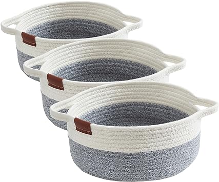 DECOMOMO Woven Basket Foldable Cotton Rope Basket with Handles | Nursery Organizers and Storage Basket for Toy Storage Stationary Makeup Kitchen Gift Basket Empty (Grey & White, 3 Pack)