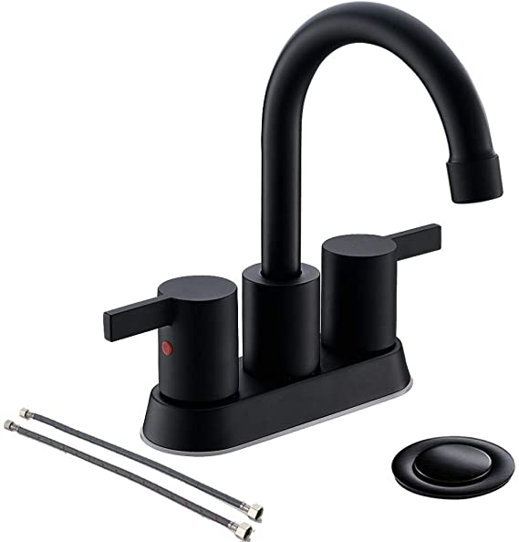 4 Inch 2 Handle Centerset Matte Black Lead-Free Bathroom Faucet, with Copper Pop Up Drain and Two Water Supply Lines, BF015-1-MB