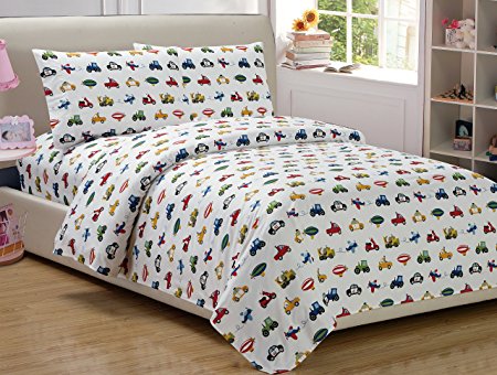 Full Size Mk Colletion 4 Pc Sheet Set Kids Teens boys White Blue Red Yellow Trucks Tractors Cars New