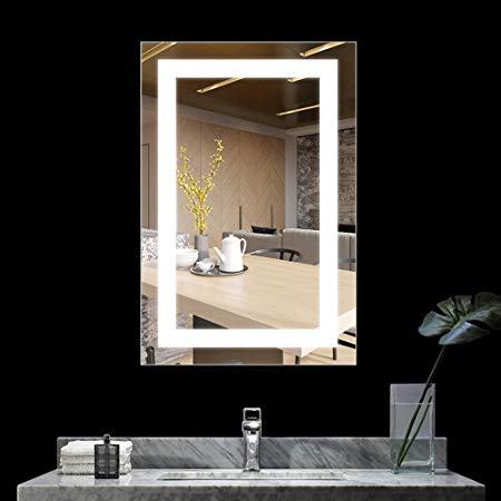 BATH KNOT 24x36 Inch Bathroom Smart Backlit Lighted Mirror, Make Up Vanity Mirror for Wall with High Lumen CRI 90 Warm White Light and Anti-Fog Function, IP44 Waterproof Mirror(No Button)