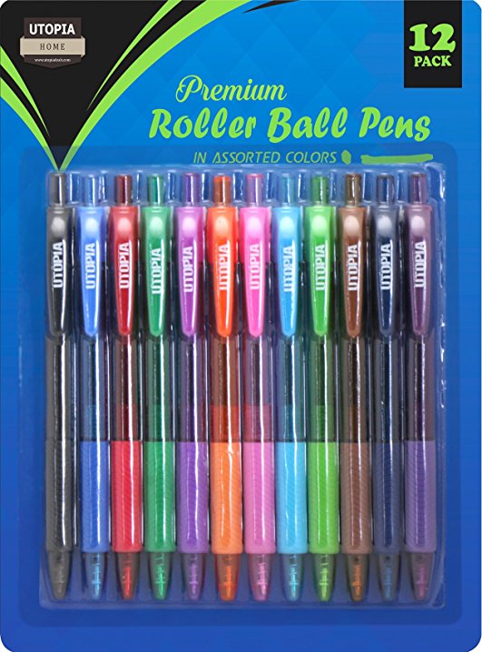 Pack of 12 Premium Roller - Black Ink Ball Pens - Bold Fine Point - Retractable and Refillable - Assorted Colors Design - Black Ink - by Utopia Home