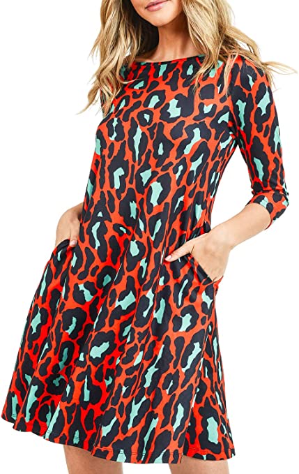 Women’s Printed Crew Neck A-Line Dresses with Pockets Casual Tropical Floral Novelty Animal Christmas Patterns