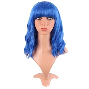 MapofBeauty 14 Inch/35 cm Short Wavy Curly Women Fresh Bright Synthetic Ordinary Flat Bangs Bob Wig (Blue)