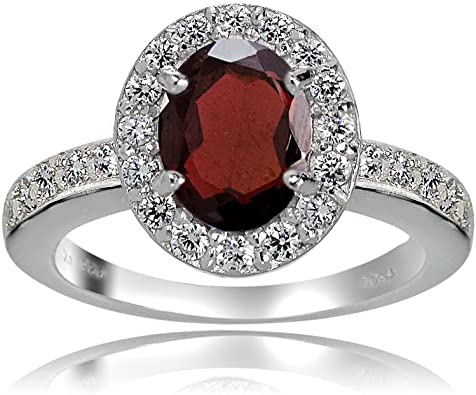 Ice Gems Sterling Silver Garnet and White Topaz Oval Halo Ring