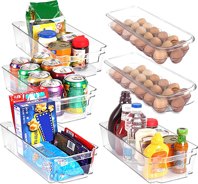 Set of 6 Pantry Organizers - Includes 6 Organizers (4 Drawers & 2 Egg Holding Trays) - For Freezers, Countertops and Cabinets - BPA-Free Clear Plastic Pantry Storage Racks