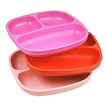 Re-Play Made In USA 3pk Divided Plates with Deep Sides for Easy Baby, Toddler, Child Feeding - Bright Pink, Red & Light Pink (Valentine)