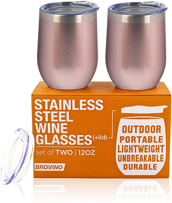 Rose Stainless Steel Wine Glasses with Lid - 12 oz Double Wall Insulated Outdoor Wine Tumblers - 100% Unbreakable - Wine Tumbler Set for Outdoor : Wine, Coffee & Camping (2)…