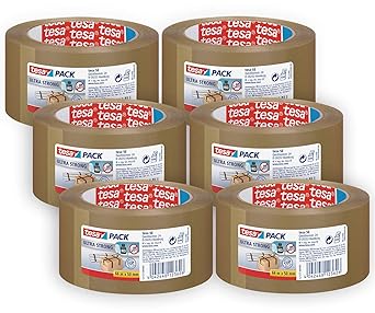 tesapack Ultra Strong - PVC Packing Tape for Solid Packaging and Secure Bundling - Brown - 66 m x 50 mm - Pack of 6