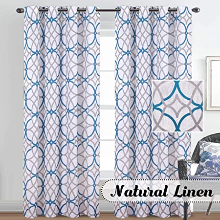 H.VERSAILTEX Natural Linen Printed Curtains for Living Room/Bedroom | Privacy Added Light Reducing Flax Window Curtain Drapes (2 Panels) Nickel Grommet Top, 52x84 Inch, Teal and Taupe Geo Pattern