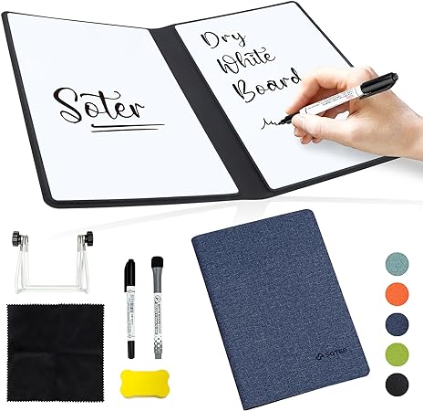 Soter White Board Dry Erase. Small White Board with Pens,Dry Erase Eraser, and Cloth. Dry Erase Board with Stand for Staff, Businessman, Artist. ECO-Friendlier Dry Erase Notebook (Denim Blue)