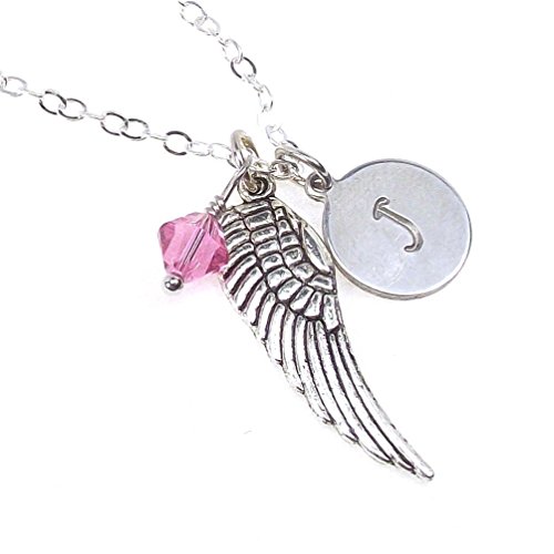 Personalized Guardian Angel Wing Charm Necklace with Dainty Initial Letter Disk and Swarovski Birthstone Crystal Hand Stamped Custom Gift