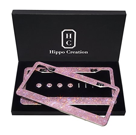 2 Pack Luxury Handcrafted TRUE COLOR Bling Pink Rhinestone Premium Stainless Steel License Plate Frame w/ Gift Box | 1000  pcs Finest 14 Facets SS20 Clear AB Rhinestone Crystal | Anti-Theft Screw Cap