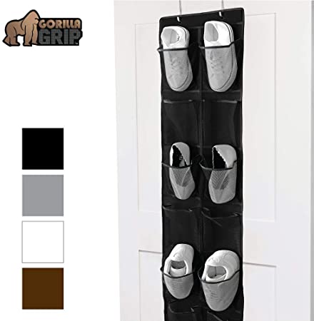 Gorilla Grip Premium Over The Door Shoe Organizer, 12 Durable Pockets, Hooks, Large Breathable Mesh Pocket Stores Shoes, Home Storage Organizers Hang on Closet Doors, Organize Sneakers Slippers, Black