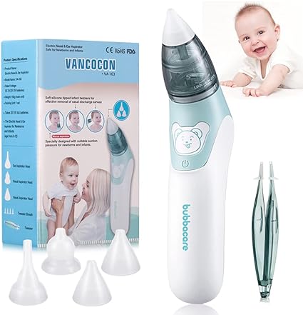 Mouche Bébé Electrique, Aspirateur Nasal 2 en 1 et Dissolvant de Cérumen, Nettoyeur électrique pour le Nez de Bébé avec 4 Buses en Silicone pour Nouveau-nés, Tout-petits