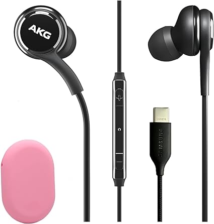 SAMSUNG AKG Type C Earbuds Original with Microphone & Silicone Pouch - Wired USB C Earphones Designed for Galaxy A54 5G, S23, S22, S21 Ultra, S21 FE, S20 Ultra, Note 10, S10 Plus - Black (Pink)