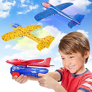 Makerfire 3 Pack LED Foam Airplane w/ Launcher, 2 Flight Modes Catapult Aeroplane Toy Foam Glider Planes Kids Boys Girls, Outdoor Games Xmas Gift Birthday Present Children Stocking Filler (T918-3)