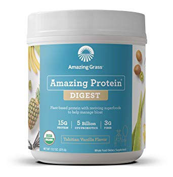 Organic Plant Based Protein   Probiotics Digest Powder by Amazing Grass, Manage Bloat, Flavor: Tahitian Vanilla - 15 servings, 13.2oz