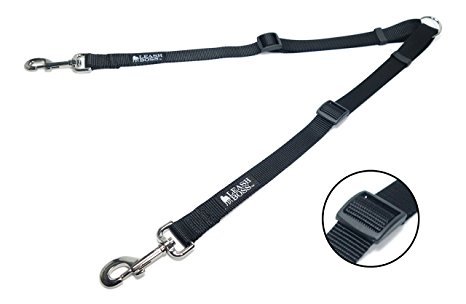 Leashboss Double Leash Coupler for Large Dogs - Choose Regular 11-20" or X-Long 16-28" - Adjustable Heavy Duty 1 Inch Nylon Splitter for Two Big Dogs - Made in USA