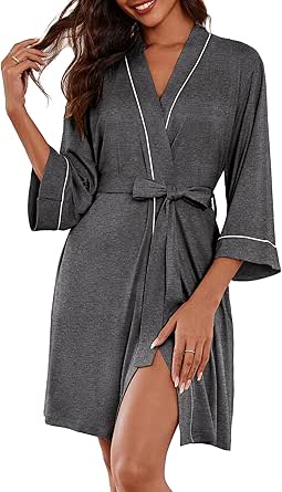 Ekouaer Women Kimono Robes Knee Length Knit Bathrobe Lightweight Soft Sleepwear V-neck Casual Ladies Loungewear