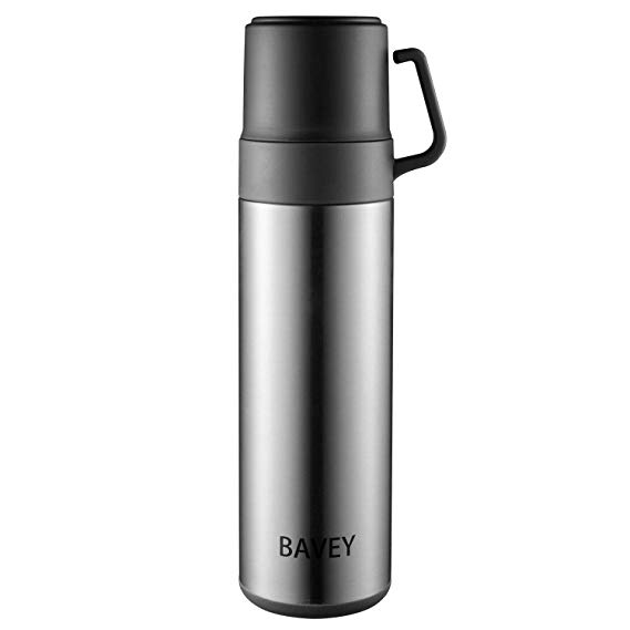 Bavey Insulated Water Bottle Portable Stainless Steel Coffee Travel Mug for Food, Hot & Cold Beverage, Double Wall, Wide Mouth, Leak & Sweat Proof, 600ml/21 OZ, Stainless