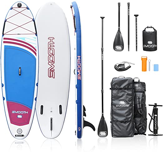 Smooth SUP Inflatable Stand Up Paddle Board with Premium Accessories & Travel Backpack, Waterproof Bag, Action Camera Mount, Leash, Fiberglass Shaft Adjustable Paddle, Pump and Non-Slip Deck Pad.