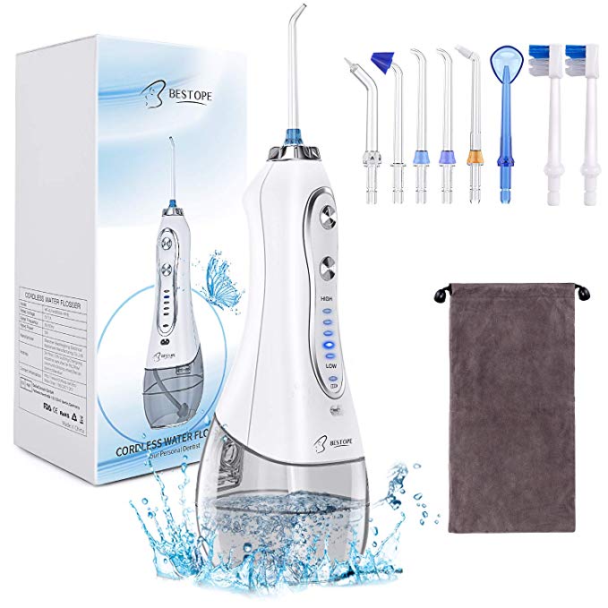 Water Flosser Cordless Teeth Cleaner,BESTOPE Professional Dental Oral Irrigator with 5 Models & 8 Jet Tips,300ml Water Tank,IPX7 Waterproof and Portable USB Rechargeable for Travel Home Braces and Bridges Care