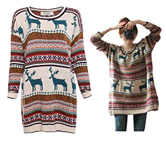 Orilife Women's Oversized Christmas Reindeer Snowflake Pullover Sweaters