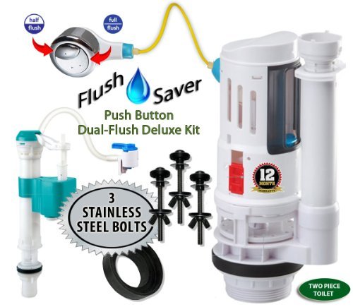 FlushSaver PUSH BUTTON EURO-STYLE Dual-Flush Deluxe DIY Conversion Kit - FITS STANDARD 2 DRAIN TWO PIECE TOILETS Converts standard toilets into efficient dual-flush systems STAINLESS STEEL 3 BOLTS UPGRADE