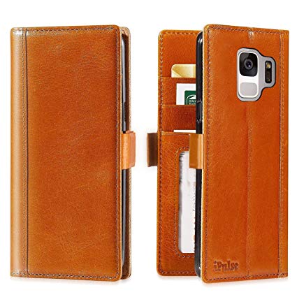 Galaxy S9 Wallet Case Leather - iPulse Journal Series Italian Full Grain Leather Handmade Flip Case For Samsung Galaxy S9 with Magnetic Closure - Cognac