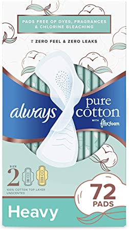 Always Pure Cotton with Flexfoam Pads, Size 2, 72 Count, Heavy Flow (3 Packs of 24 - 72 Count Total)
