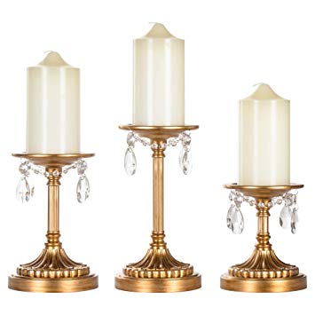 Amalfi Décor Victoria 3-Piece Antique Gold Pillar Candle Holder Set, Crystal-Draped Metal Candlestick Accent Stand