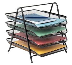 ComSaf Metal Office Desktop Tray Rack, Mesh Metal Desk Organiser File Rack Letter Tray A4 Papers Documents Holder Desk Organizer for Office (4 Tier, Black)