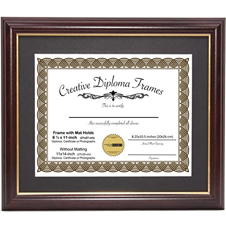 CreativePF [11x14mh.gd] Mahogany Frame with Gold Rim, Black Matting Holds 8.5 by 11-inch Diploma with Easel and installed Hangers