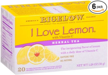 Bigelow I Love Lemon Herbal Tea, 20-Count Boxes (Pack of 6)