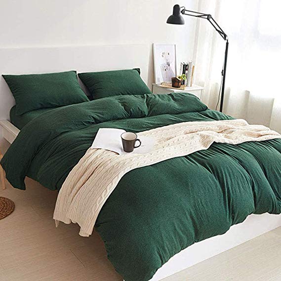 DOUH Jersey Knit Cotton 3 Piece Duvet Cover Set King,Ultra Soft Comforter Cover and Pillow Sham Comfy Breathable Solid Dark Green Bedding Set King Size