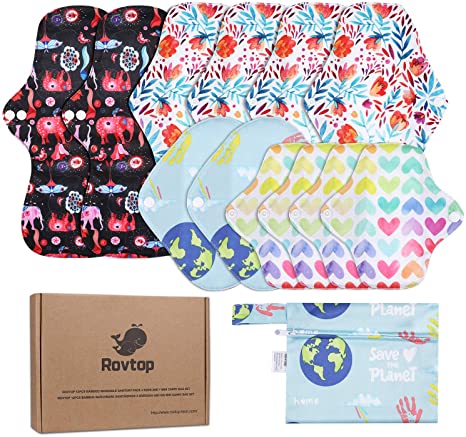 Rovtop 12 Pcs Reusable Sanitary Pads,Washable Cloth Menstrual Pads/Menstrual Towel，4 Size Replace with 1 Mini Portable Bag