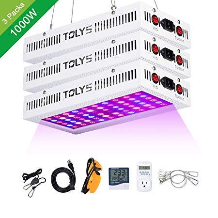 [3-Packs] 1000W Grow Light, 2019 TOLYS LED Plant Lights Double Chips Full Spectrum Grow Lamping for Indoor Plants Veg and Flower, with Humidity Monitor Timer and Glasses(White)