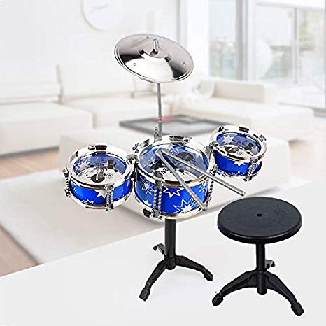 Kids/Junior Drum Set with Adjustable Throne, Cymbal & Drumsticks, Metallic Blue Christmas Toy Gift
